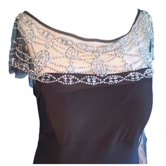 R & M Richards Black Evening Gown With Mesh Rhinestone Top Size 12 NWT - Picture 2 of 14